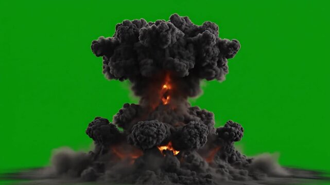 Massive nuclear mushroom cloud explosion on green screen background