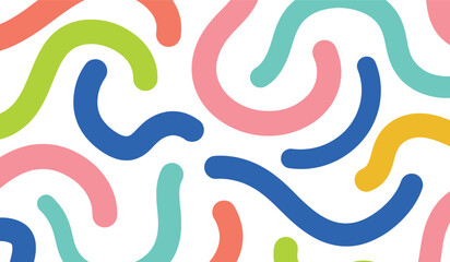 Obraz premium Abstract repeating pattern of colorful wavy lines in pink, green, blue, and yellow on a white background. Playful and organic decorative design.