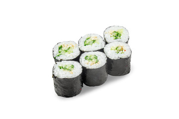 Japanese cucumber maki sushi rolls with sesame and rice wrapped in nori seaweed isolated on white background for menu design delivery advertising and food branding © Александр Гаврилычев