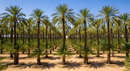 Fototapeta premium Vast date palm grove oasis stretching across sandy landscape at midday