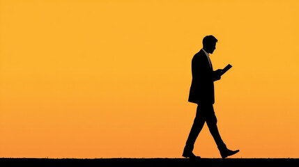 Silhouette of a Businessman Walking While Reading a Book Against a Vibrant Sunset Background with Warm Orange and Yellow Tones