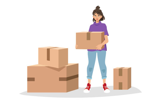 Girl with a box. Moving. Character. Vector cartoon illustration.