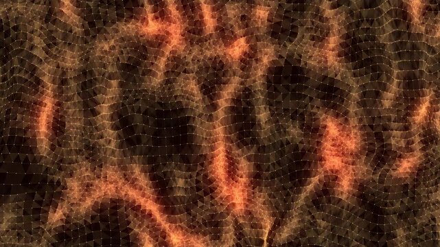 Dark cyberspace in digital background. Abstract technology orange wave with motion glowing dots and lines with top view. Connection big data. Futuristic wireframe texture. 3D rendering.