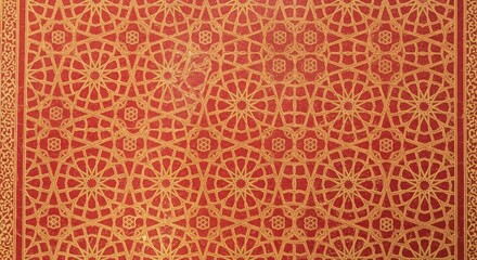 Intricate red and gold patterned carpet or textile with ornate design and floral motifs. illustration