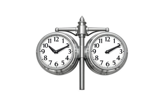 Vintage double-faced station clock with polished metal frame and black hands on white dial