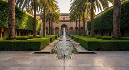 Obraz premium A serene courtyard with a water feature and lush greenery surrounded by a historic building. illustration