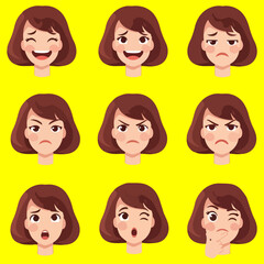 A set of cartoon female faces displaying various emotions from happiness to frustration, showcasing different facial expressions in a grid layout