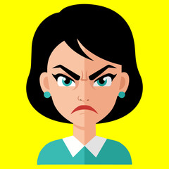 An angry young woman with a stern expression and crossed arms is depicted in a cartoon illustration