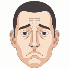 A man with a stern expression is depicted in a digital illustration, showcasing his facial features and emotional state from a straightforward viewpoint.