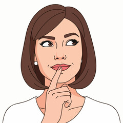 Illustration of a contemplative woman with finger to lips, indicating silence or thoughtfulness, from a frontal viewpoint.