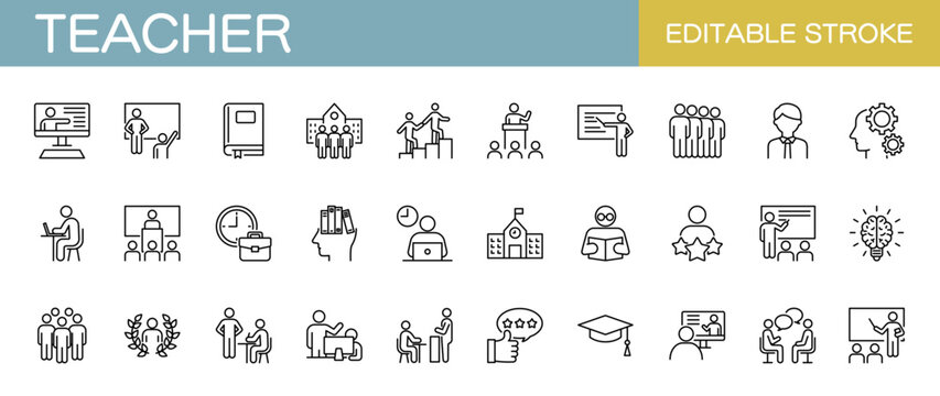 学校の先生や授業・教育に関するアイコンセット（線幅変更可能）