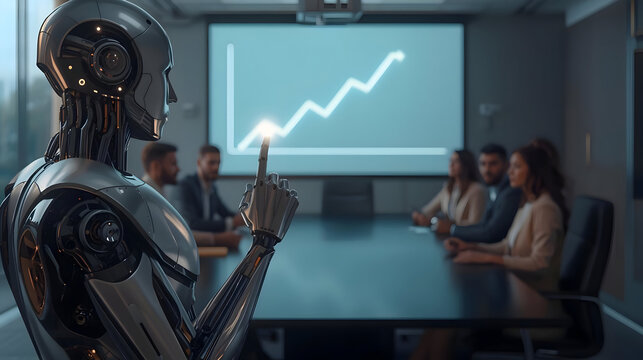 Futuristic robot presenting business potential data analysis project planning for successful growth strategy to corporate team in modern boardroom showing optimistic innovation