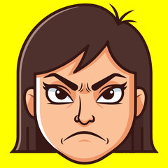 A cartoon woman's angry face is viewed straight on with a frowning expression in a digital illustration on a bright yellow background
