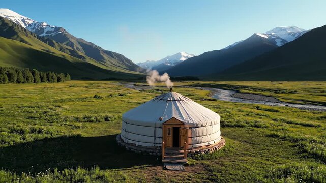 Traditional yurt standing in a vast green mountain valley with smoke rising for nomadism and remote travel concept under a clear morning sky
