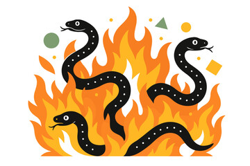 Obraz premium Fiery Serpent Dance. Writhing Serpents in Fire. Serpents slithering through blazing flames with floating abstract geometric shapes and glowing embers, dramatic