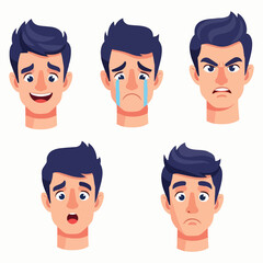 Illustration of various facial expressions of a man showcasing different emotions and reactions