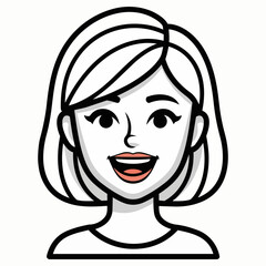 Illustration of a smiling woman with short hair, happy expression, and simple facial features, depicted in a minimalist style from a frontal viewpoint.