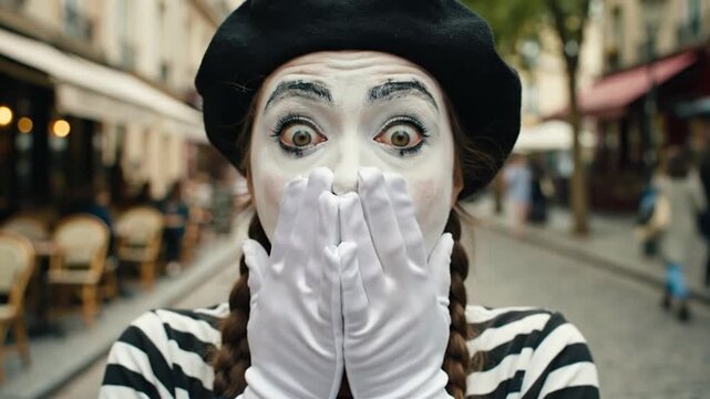 Female mime in beret with wide eyes on Parisian street