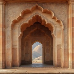 Ornate sandstone archway framing distant hills