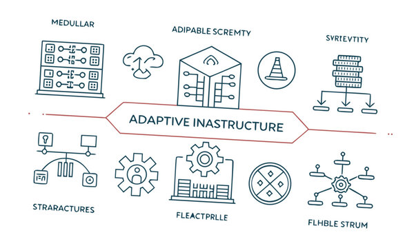 Adaptive infrastructure diagram showcasing modularity and flexibility with various icons representing scalability and technology