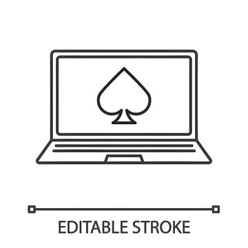 Online casino linear icon. Laptop display with spade card suit. Thin line illustration. Contour symbol. Vector isolated outline drawing. Editable stroke