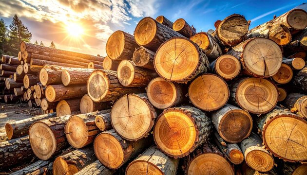 Stacked timber logs at sunrise, representing the core of the forestry industry and essential natural resources for sustainable wood production