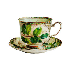 Floral teacup with saucer, painted, featuring vibrant green leaves on creamy backdrop