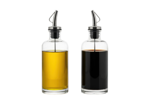 Minimalist glass cruets with golden olive oil and balsamic vinegar on a reflective white background. Concept of sophisticated culinary luxury