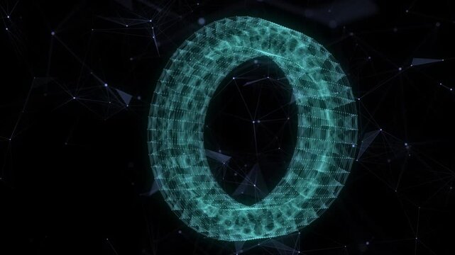 3D futuristic geometric shape with blue dots and lines. Structure technology network connection. Abstract wireframe torus twist form. Ai in dark cyberspace background. 3D rendering.
