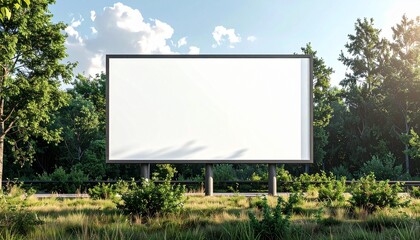 Fototapeta premium Blank outdoor advertising billboard mockup on a sunny day, surrounded by lush green trees and clear sky, offering a perfect canvas for impactful brand promotion and marketing display