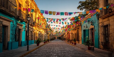 Fototapeta premium Oaxaca's Colorful Street: Flags & Buildings in Festive Harmony