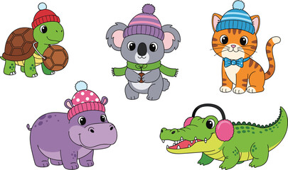 Obraz premium Cute Cartoon Winter Animals Collection, Isolated Nursery Illustration Set