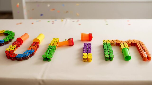 Colorful noisemakers spell Purim on a table with falling confetti