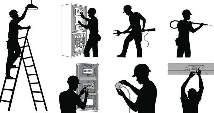 Black vector silhouette set of professional electricians installing lights working on electrical panels and using ladders for industrial construction maintenance and home renovation branding