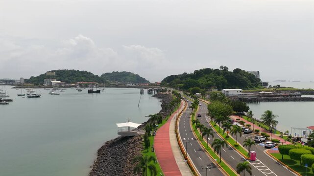 Amador Causeway (Calzada de Amador) connecting Flamenco and Perico islands, Panama City, Puerto de Cruceros (Cruise port) in aerial view