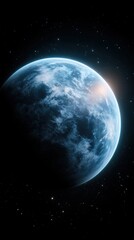 Fototapeta premium A vivid view of Earth from space, blue oceans and cloud-covered continents glowing against a starry void vast