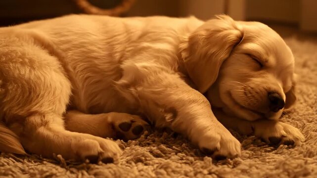 Adorable Golden Retriever Puppy Napping Peacefully on a Cozy Carpet. generative AI