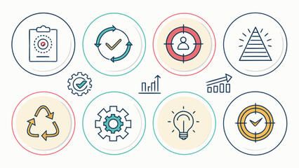 Fototapeta premium Collection of icons representing business and productivity concepts in a modern, minimalist style from a straightforward viewpoint