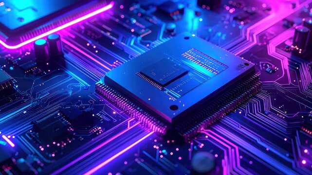 Circuit board with a central processor and neon lights, in blue and purple hues