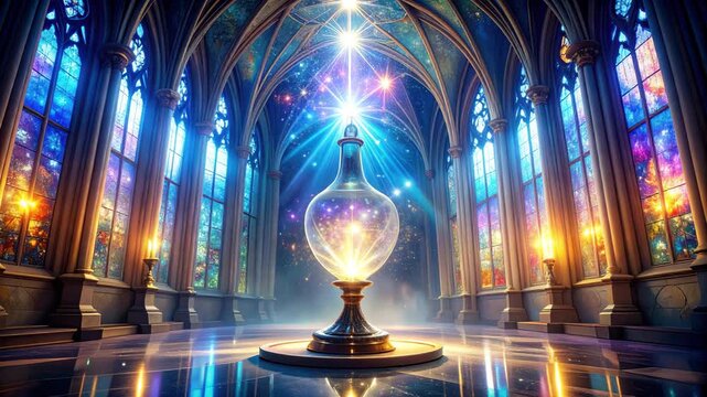 Grand interior with stained glass windows, celestial light, and a central glowing orb