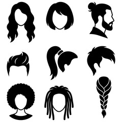 Hair style silhouette icon set. long hair, short bob, man bun, spiky hair, ponytail, side cut, afro, dreadlocks, braid salon beauty fashion collection Flat vector illustration