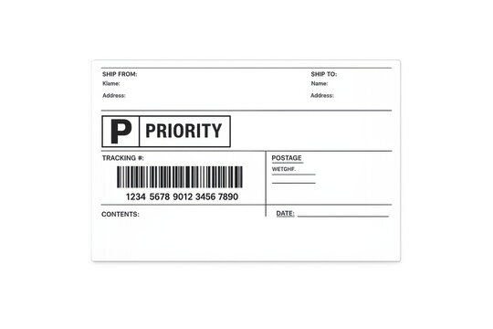 Priority shipping label with barcode and tracking number for package delivery