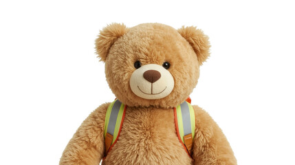 Obraz premium Smiling teddy bear wearing colorful backpack isolated on white background for school or travel concept