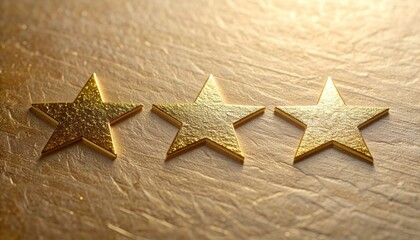 Three textured golden stars placed in horizontal row on textured metallic surface illuminated by warm bright light from above