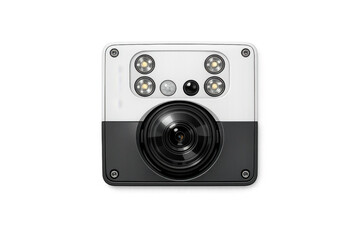 Modern compact digital camera with multiple lenses and LED lights on black background