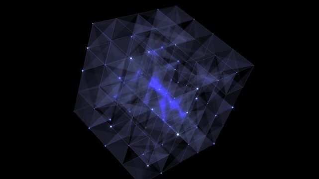 3D futuristic geometric cube with blue dots and lines. Abstract wireframe blockchain. Science background. Structure technology network connection. Ai in dark cyberspace background. 3D rendering.