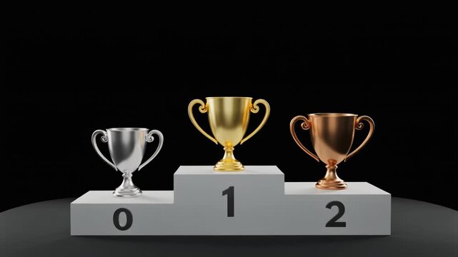 Winners&rsquo; podium with gold, silver, and bronze trophies on labeled levels, black background symbolizing achievement, competition, and ranking.