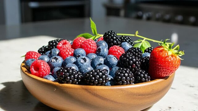Fresh berries in a wooden bowl on a kitchen countertop  