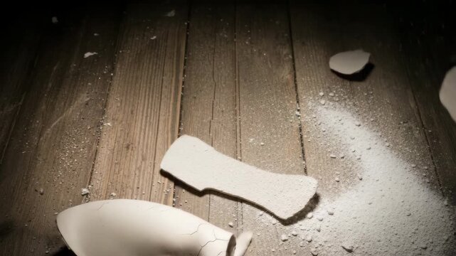 the dummy head explodes and breaks into pieces on wooden floor with dust scattered  