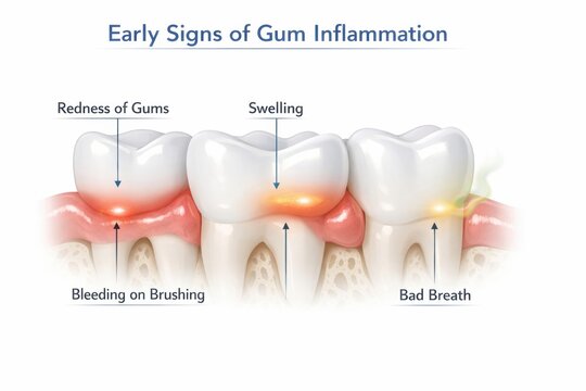 Illustration shows early signs of gum inflammation with labels indicating redness, swelling, bleeding on brushing and bad breath in dental context.